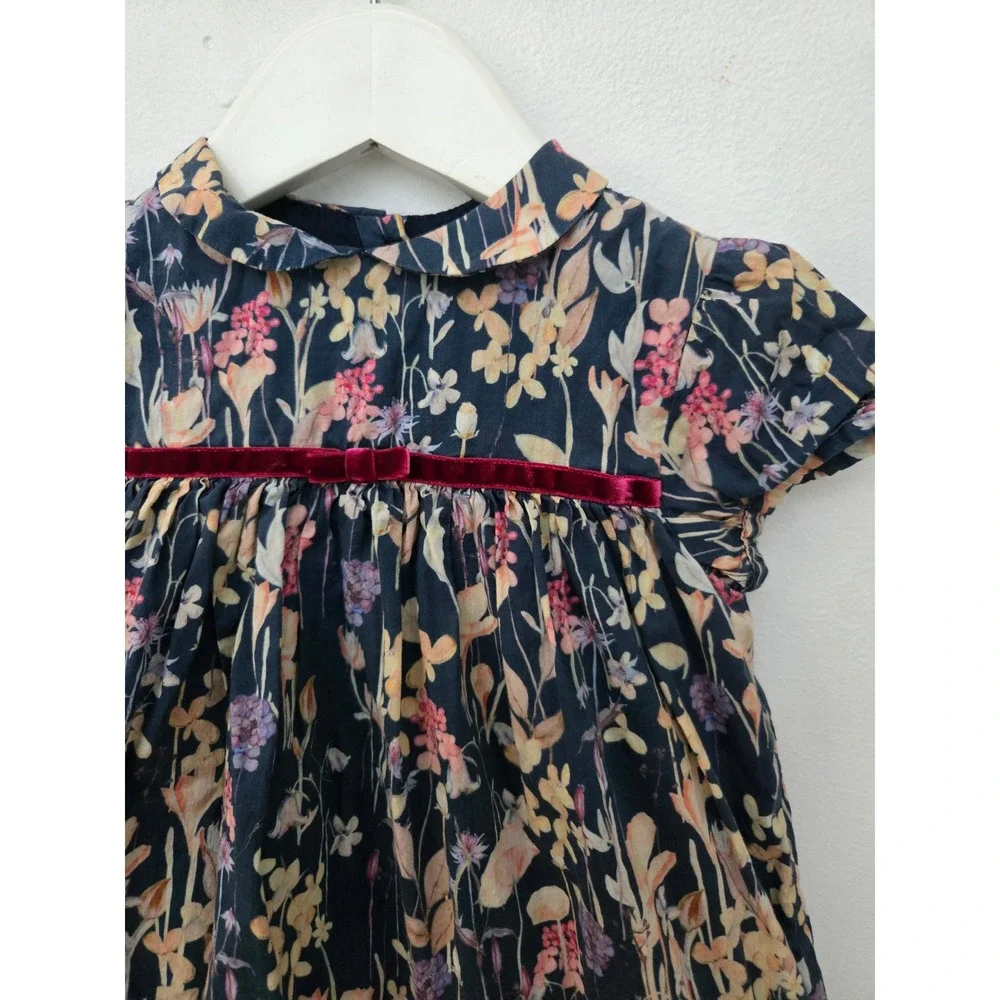 Marie Chantal Floral Dress Girl's 24M Peter Pan Collar‎ Velvet Trim Navy